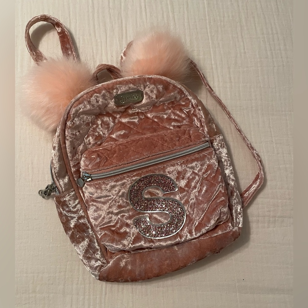 Justice Pink Velvet Backpack with Pom Poms